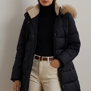 Ralph Lauren Women's NAVY Puffer Coat with Faux Fur Hood XXL